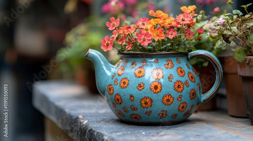 Decorative teapot planter with vibrant flowers placed on a stone surface in a...