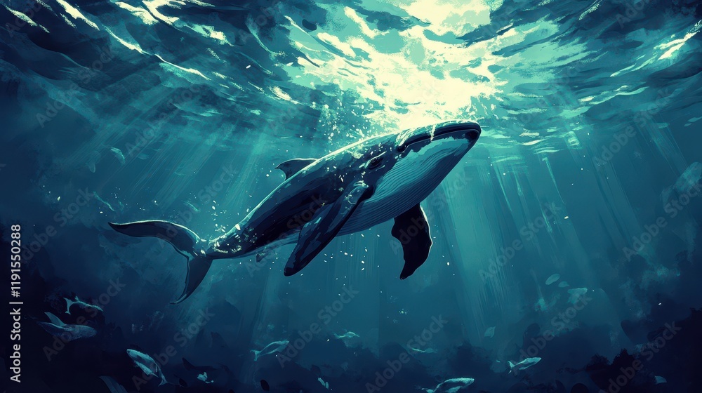 Whale Ascending Through Sunlit Ocean Depths Whale Ascending Through Sunlit Ocean Depths