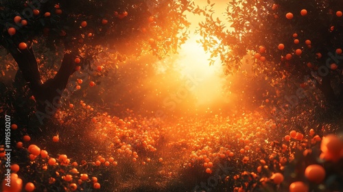 Golden sunlight filters through trees illuminating blooming flowers in a sere...