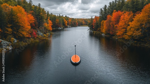 Paddleboarder glides through tranquil lake surrounded by vibrant autumn folia...