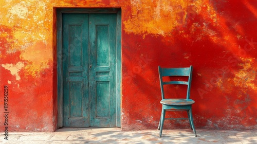 Colorful rustic chair against vibrant wall in a charming interior space