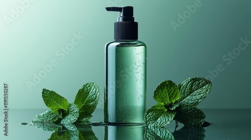 Bottles of natural essential oil surrounded by fresh mint leaves on a wooden ...