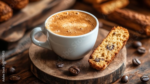 Enjoying a warm cup of coffee with biscotti on a dark table in a cozy setting