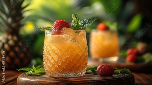 Tropical drink served in a pineapple with flowers and foliage on a wooden tab...