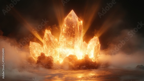 Majestic glowing crystal tower rises amidst clouds during sunset