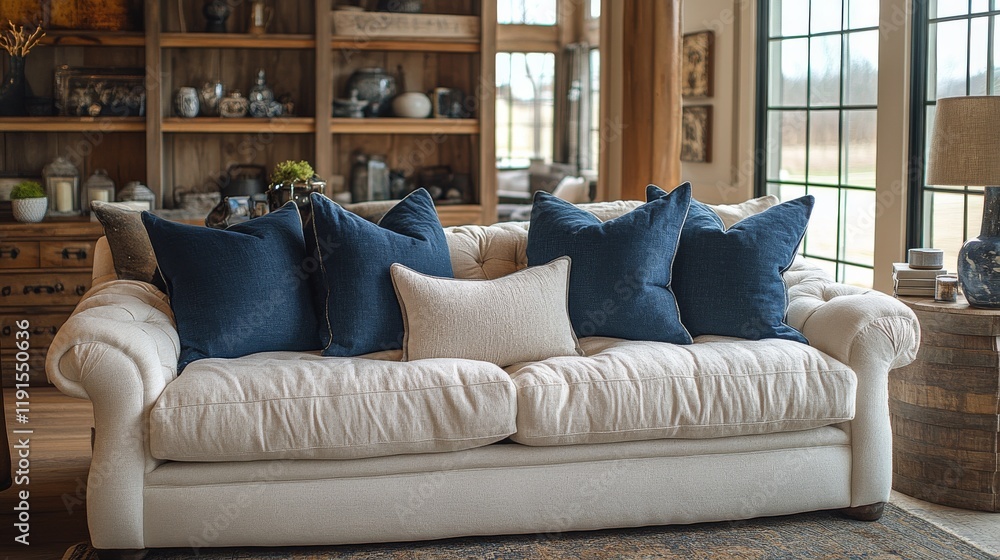 Fototapeta premium Comfortable living room with cream sofa and decorative blue cushions in a cozy interior