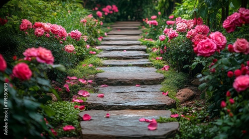 Stunning flower garden path with vibrant blooms leading to a serene destination