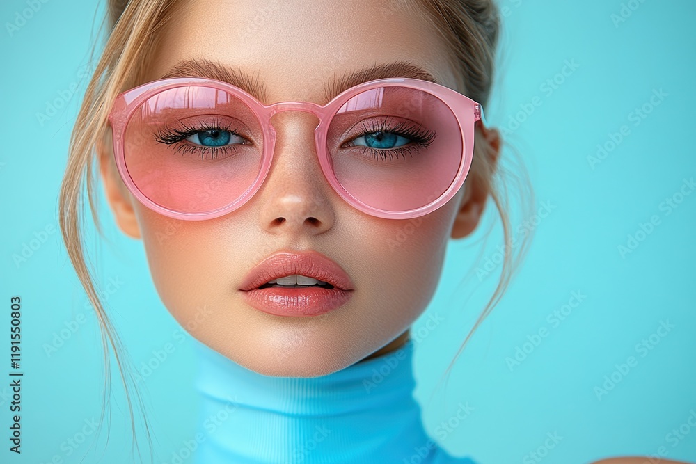 Vibrant promotional flyer design featuring a model in pink sunglasses on a blue background Vibrant promotional flyer design featuring a model in pink sunglasses on a blue background
