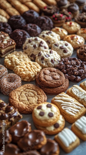 Assorted homemade cookies arranged on a table with various textures and flavo...