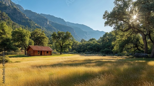 Camping in a serene landscape at sunrise with a tent set up in a lush green f...