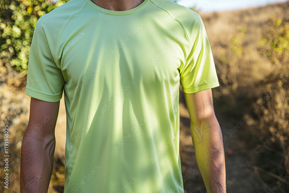 Naklejka premium Light Green Athletic T-Shirt Mockup on Male Runner Enjoying Sunny Trail Running Adventure in Nature
