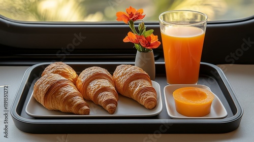 Breakfast tray featuring croissants, juice, and a flower arrangement with bri...