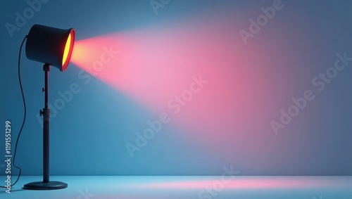 Maroon camera flash on left. Black studio spotlight with pink light be