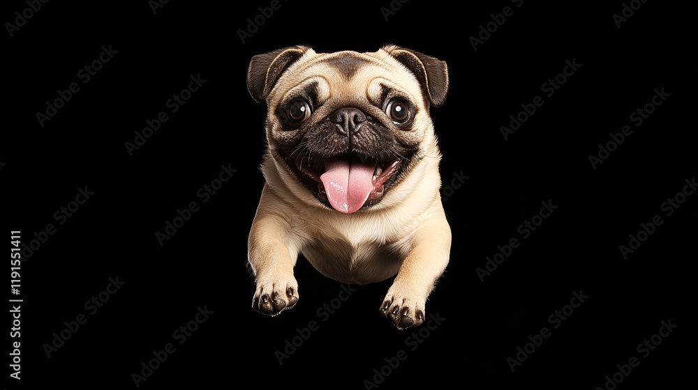 Obraz premium Energetic Pug Dog Joyfully Jumping with Tongue Out and Wide Eyes, Showcasing Pure Happiness and Playfulness on a Minimalist Black Background, Perfect for Pet and Animal Enthusiasts