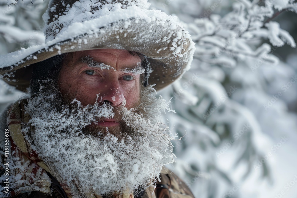 Hunter with frozen beard and hat covered in snow braving extreme cold in winter forest Hunter with frozen beard and hat covered in snow braving extreme cold in winter forest