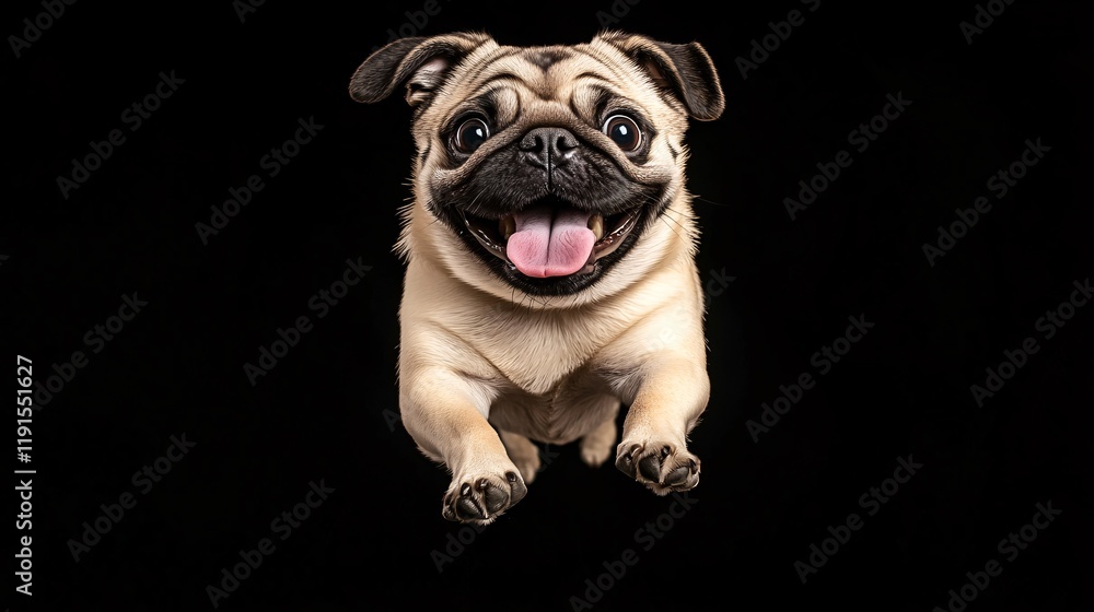 Energetic Pug Dog Joyfully Jumping with Tongue Out and Wide Eyes, Showcasing Pure Happiness and Playfulness on a Minimalist Black Background, Perfect for Pet and Animal Enthusiasts Energetic Pug Dog Joyfully Jumping with Tongue Out and Wide Eyes, Showcasing Pure Happiness and Playfulness on a Minimalist Black Background, Perfect for Pet and Animal Enthusiasts