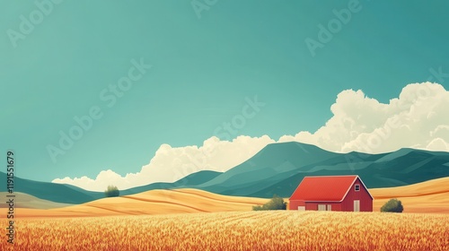 Red Barn in Golden Wheat Field Mountain Landscape
