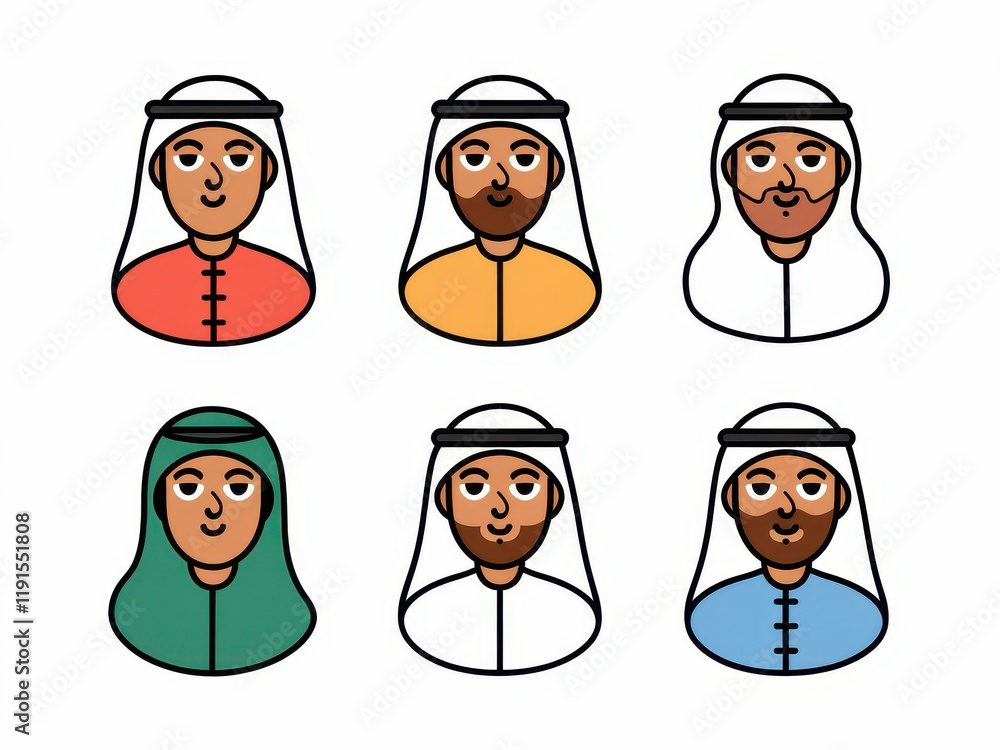 Six diverse illustrations of Arab men in traditional clothing Six diverse illustrations of Arab men in traditional clothing