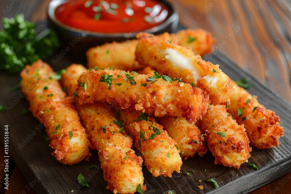 Crispy, golden brown mozzarella sticks are served with a vibrant marinara dipping sauce, creating a tempting appetizer or snack Crispy, golden brown mozzarella sticks are served with a vibrant marinara dipping sauce, creating a tempting appetizer or snack