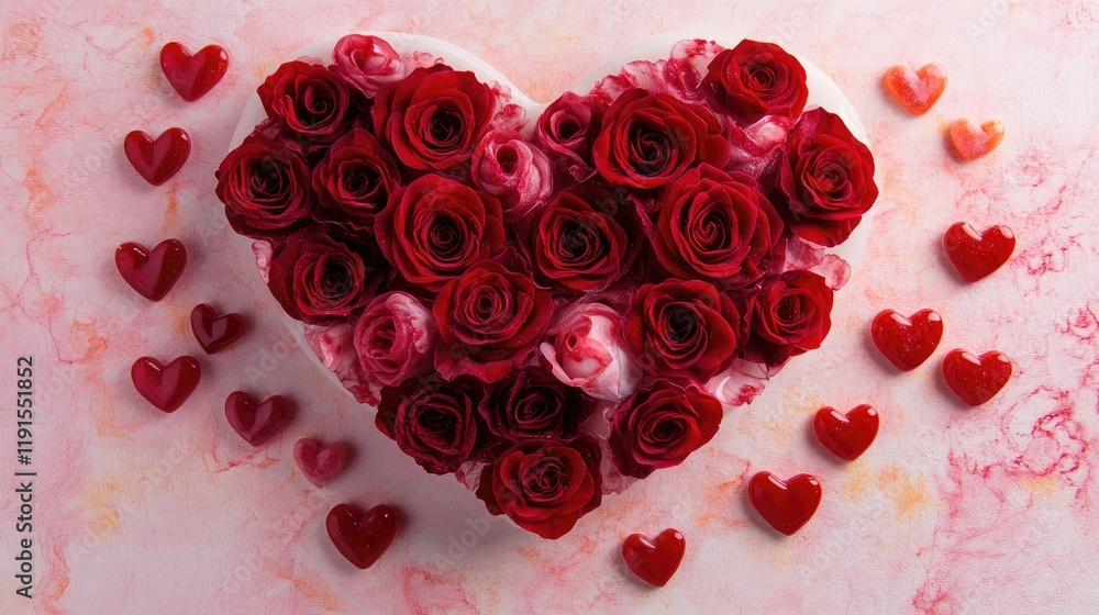 A heart-shaped arrangement of red roses surrounded by small hearts on a soft pink surface. A heart-shaped arrangement of red roses surrounded by small hearts on a soft pink surface.