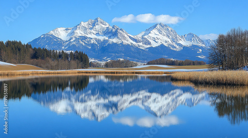 Snow-capped mountains reflected in serene lake under clear blue sky during daylight