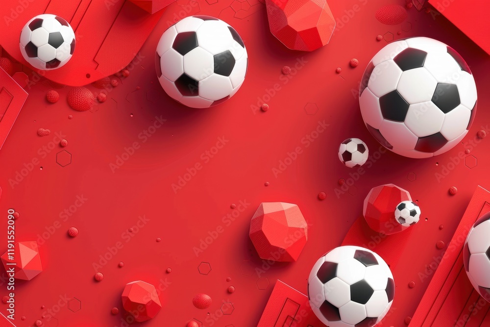 Abstract Red Background with Soccer Balls and Hexagonal Shapes for a Modern Sports Design Abstract Red Background with Soccer Balls and Hexagonal Shapes for a Modern Sports Design