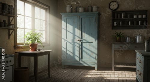 Wallpaper Mural Cozy vintage kitchen, morning sunlight, rustic wooden table, potted plant, pastel blue refrigerator, open window, shadows on floor, shelves with jars, warm atmosphere, nostalgic, detailed rendering, s Torontodigital.ca