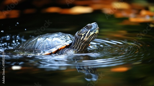 Colorful turtle swimming in a tranquil pond surrounded by natural greenery an...