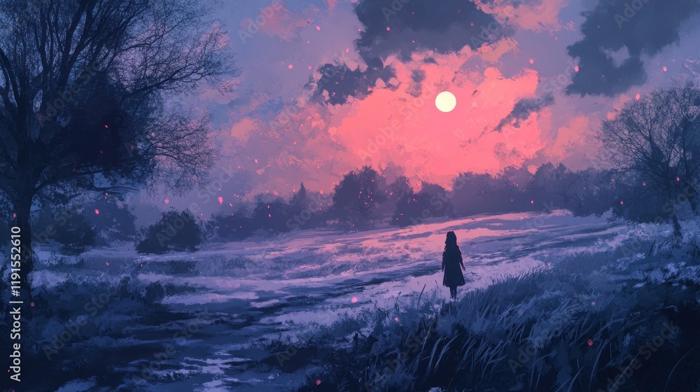 Fototapeta premium Solitary Figure In Winter Landscape Underneath a Pink Sky