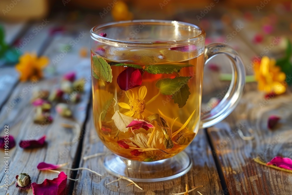 Glass cup of herbal tea with various colorful flowers and herbs, brewing on a rustic wooden table, creating a cozy and healthy beverage Glass cup of herbal tea with various colorful flowers and herbs, brewing on a rustic wooden table, creating a cozy and healthy beverage