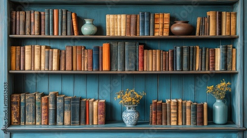 Books and plants arranged on a wooden shelf in a cozy corner filled with gree...