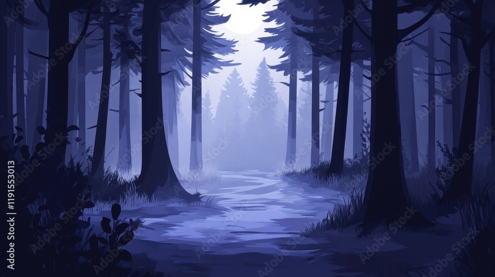 Naklejka premium Serene Nighttime Forest Path Under Moonlight
