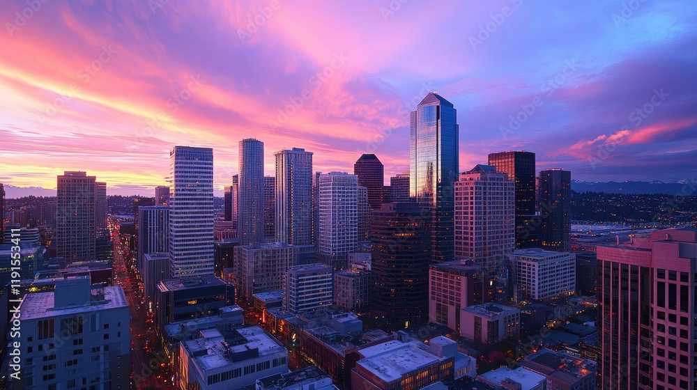 Fototapeta premium Seattle Skyline at Sunset Vibrant Colors Cityscape
