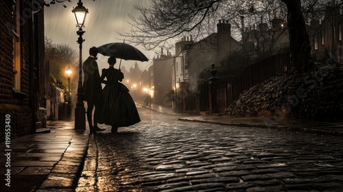 A couple walks under an umbrella in the rain on a cobblestone street at night in Victorian era attire