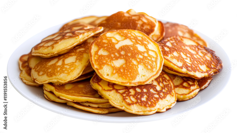Golden pancakes served on a white plate, isolated on transparent background Golden pancakes served on a white plate, isolated on transparent background