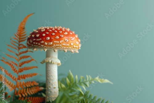 Fly agaric mushroom and colorful ferns create a captivating nature scene against a turquoise backdrop photo