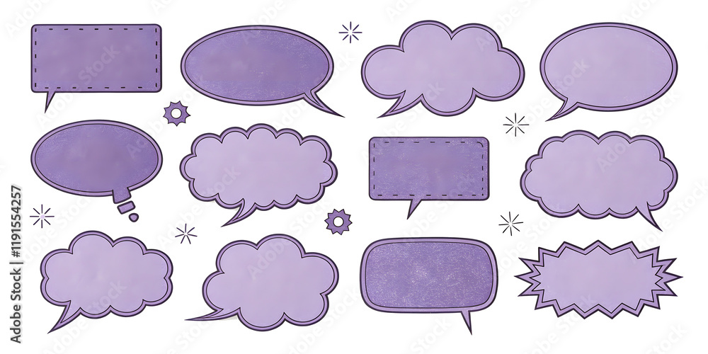 Set of purple flower frames with speech bubbles and icons for communication Set of purple flower frames with speech bubbles and icons for communication