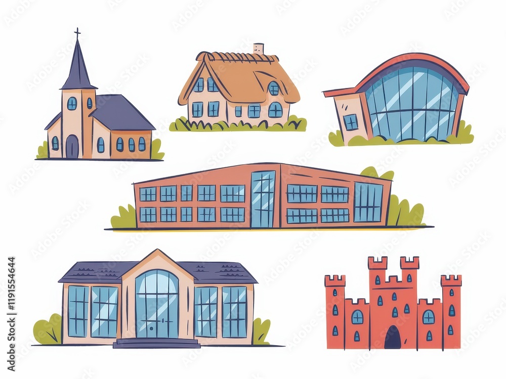 Varied Architectural Styles Depicted in Colorful Illustrations Varied Architectural Styles Depicted in Colorful Illustrations