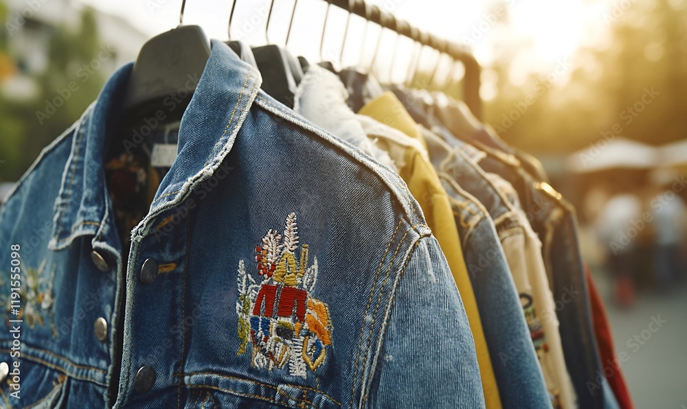 Obraz premium Second-hand denim fashion: Stylish vintage jackets in sunlight
