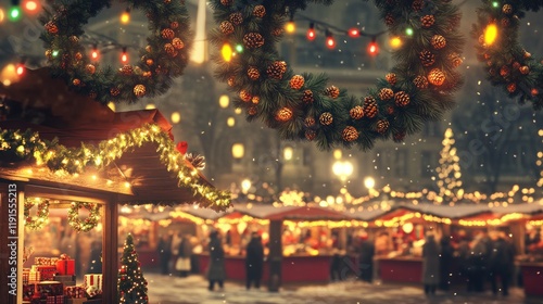 Wallpaper Mural Festive Christmas Market with Wreaths and Lights in a Snowy Evening Scene Torontodigital.ca