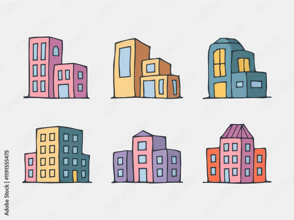 Colorful Hand Drawn Building Illustrations Set Colorful Hand Drawn Building Illustrations Set