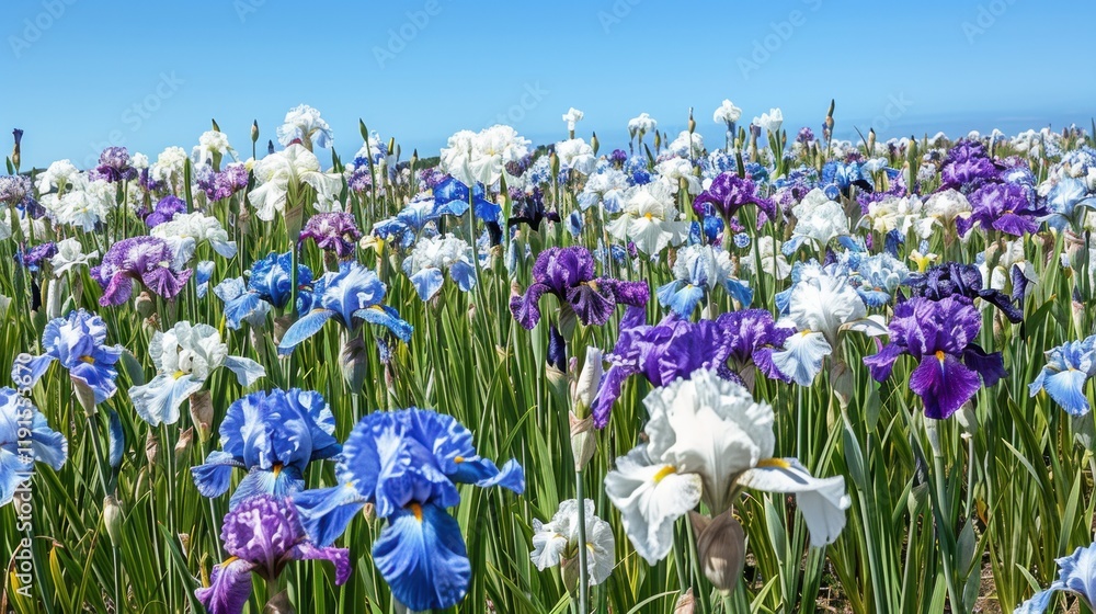 Vibrant field of irises in various colors, showcasing purple, blue, and white flowers under clear blue sky. beautiful display of nature beauty and diversity Vibrant field of irises in various colors, showcasing purple, blue, and white flowers under clear blue sky. beautiful display of nature beauty and diversity