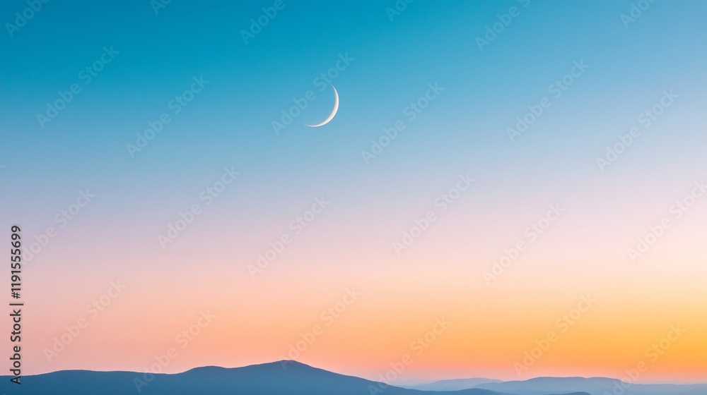 Fototapeta premium Crescent Moon Over Tranquil Mountain at Dusk