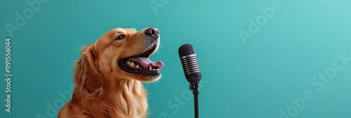 Golden retriever dog singing or barking into a microphone on a turquoise background, creating a funny and engaging scene perfect for music, entertainment, or pet related projects photo