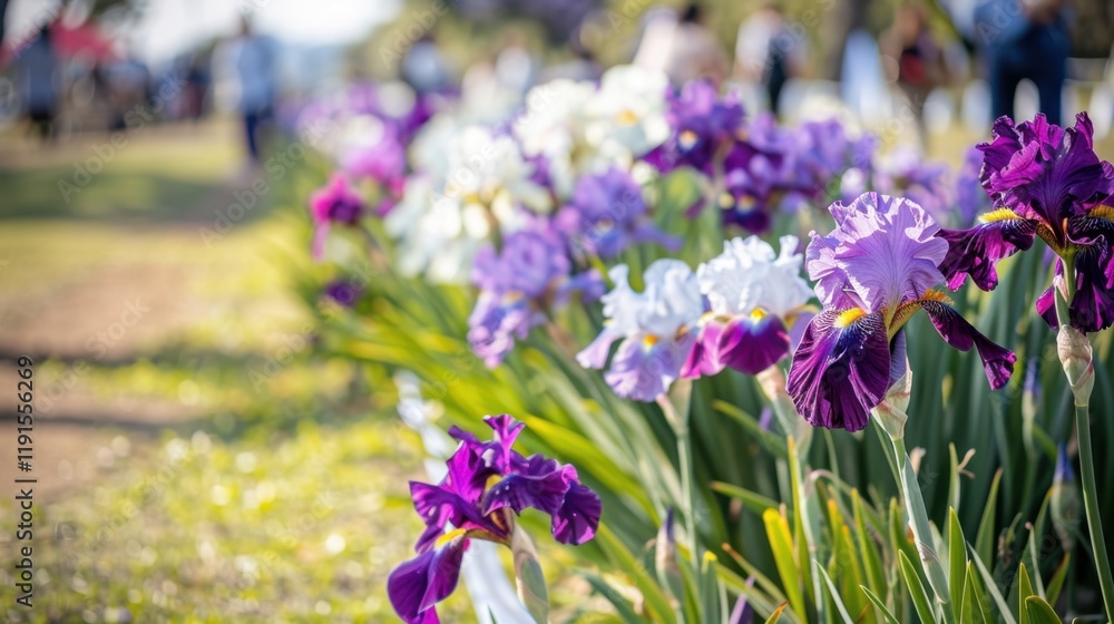 Vibrant purple and white irises bloom in sunny garden, creating colorful display. lush greenery enhances beauty of flowers, inviting visitors to enjoy nature splendor Vibrant purple and white irises bloom in sunny garden, creating colorful display. lush greenery enhances beauty of flowers, inviting visitors to enjoy nature splendor