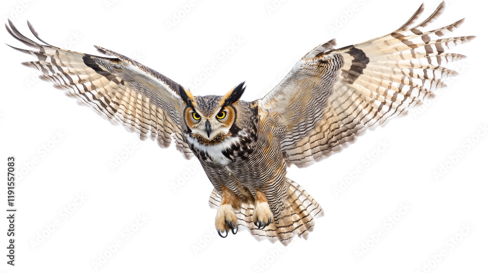Fototapeta premium Great horned owl in mid-flight, showcasing its wings and intense eyes, night hunter, isolated on transparent background