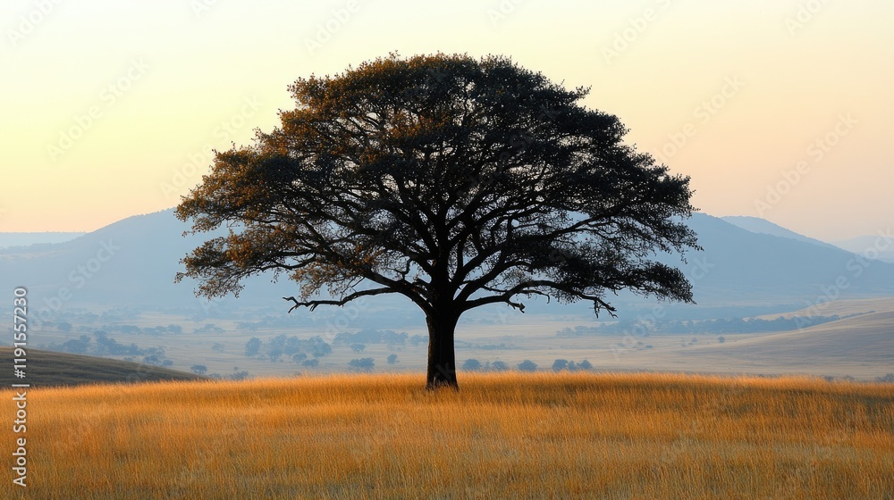 Solitary Tree Stands Tall On Golden Grassland Hill Solitary Tree Stands Tall On Golden Grassland Hill