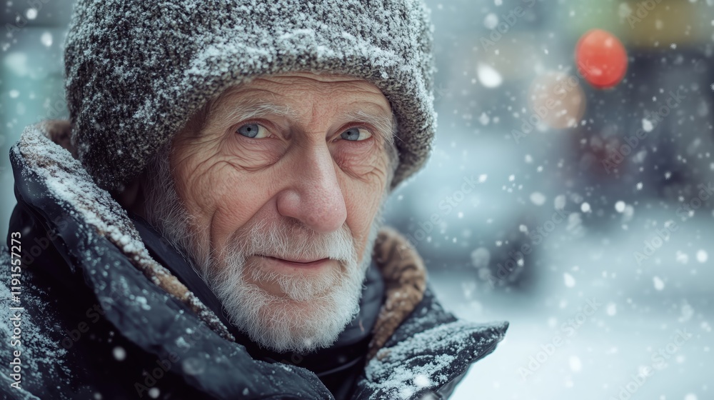 Snowflakes drift around an elderly man in layered winter attire, his expression peaceful against the white winter backdrop. Snowflakes drift around an elderly man in layered winter attire, his expression peaceful against the white winter backdrop.