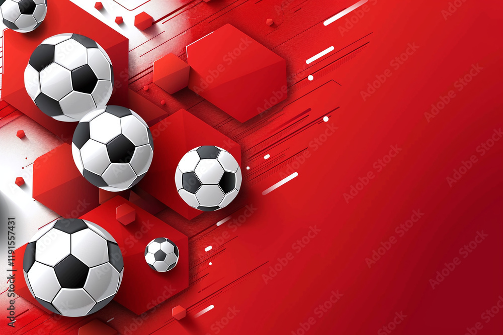 Abstract Red Background with Soccer Balls and Hexagonal Shapes for a Modern Sports Design Abstract Red Background with Soccer Balls and Hexagonal Shapes for a Modern Sports Design