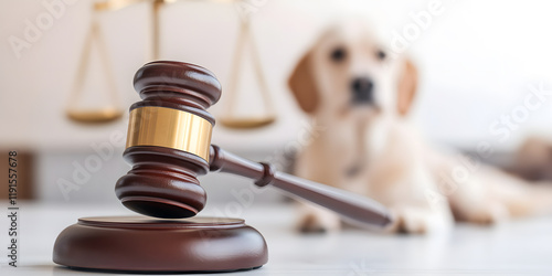 Fototapeta Naklejka Na Ścianę i Meble -  Gavel and scales of justice with a dog in the background, symbolizing pet law or animal rights.